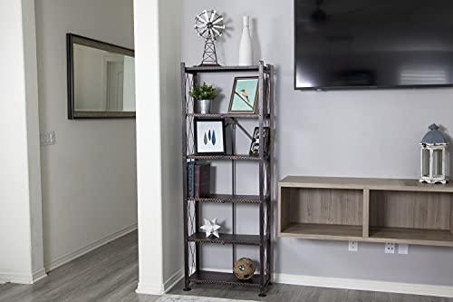 Image of Origami 6 Tier Classic Stamped Steel Bookcase Shelf Organizer Rack with 6 Storage Shelves for Decor, Vinyl Records, and Books, Bronze