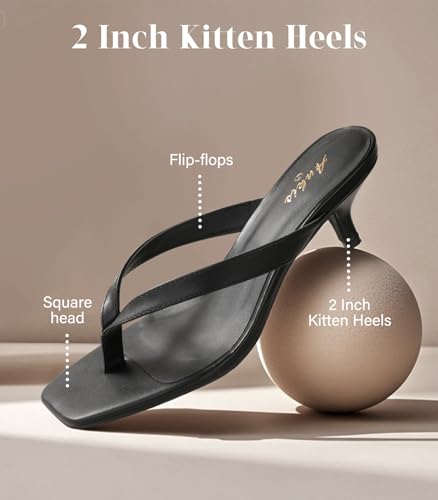 Ankis Kitten Heels for Women, Black Brown Square Toe Flip Flop Heels 2 Inch Low Heeled Thong Summer Sandals4
