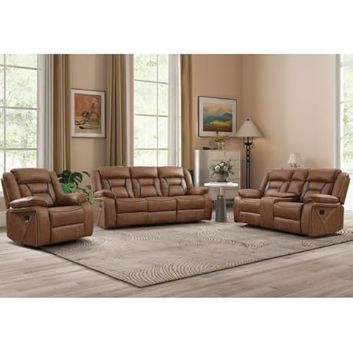 EBELLO Faux Leather Recliner Sofa Furniture Set for Living Room, Recliner Chair, Manual Loveseat, 3 Seat Recliniing Sofa Couch Set for Meeting Room, Brown