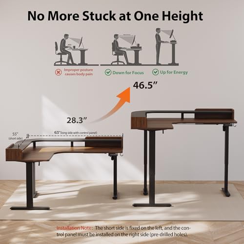 Image of Agilestic L Shaped Standing Desk, Corner Desk with Monitor Shelf, Adjustable Height Gaming Table, Sit Stand Up Table, 63 x 55 Inch Home Office Computer Workstation, Splice Board, Dark Walnut