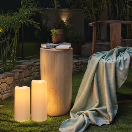 Image of GenSwin Solar Outdoor Waterproof Flameless Candles, 4 inchx8 inch10 inch Large Solar Rechargeable Pillar Candles, Sensor for Dusk to Dawn, for Outdoor, Lanterns, Pation, Home Decor(Set of 2)