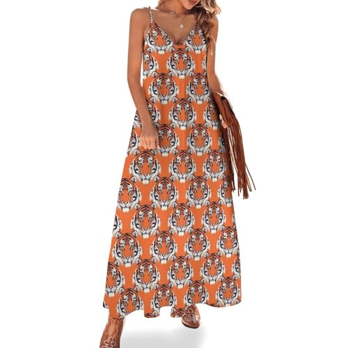 Long Summer Dresses for Women 2025 Vacation - Orange Tiger Head Print Beach Spaghetti Strap Maxi Sundress