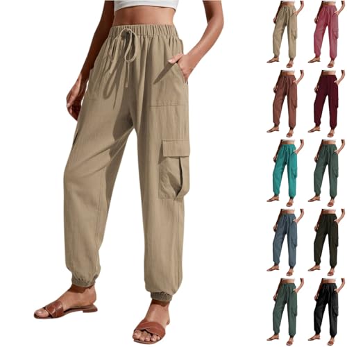 Linen Joggers for Women Loose Drawstring High Waisted Cargo Pants with Pockets Casual Summer Comfy Hiking Pull On Pants