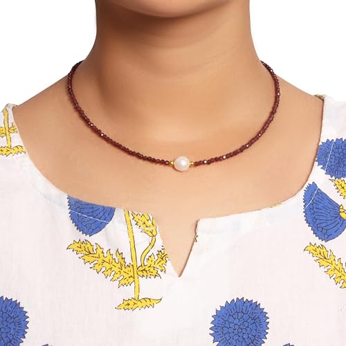 A&M Gems Natural Gemstone 3-3.5 mm Round Faceted Beaded Necklace for Women 7-10 mm Freshwater Pearl Choker Style Gold Plated Hypoallergenic Non-Tarnish Handmade Jewelry 18 Inches2