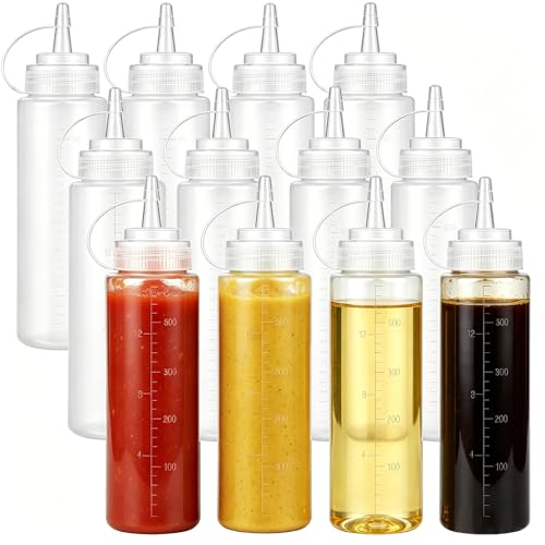 12 Pack 8 oz Plastic Squeeze Bottles Multipurpose Squirt Bottles for Ketchup,Condiments,BBQ Sauce,Dressing,Barbecue,Grilling,Crafts,Syrup and More