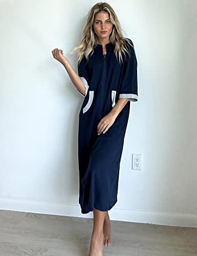 Image of Ekouaer Women Zipper Robe 3 /4 Sleeves Loungewear Dress Full Length Sleepwear Pockets Housecoat Nightgown Long Bathrobe