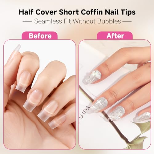 Image of UNA GELLA Short Coffin Fake Nails 504Pcs Half Cover Matte Nail Tips Extra Short Coffin Gel Nail Tips No C Curve Pre-buff No Need File Salon Quality Nail Extension DIY Nail Art Salon 12 Sizes