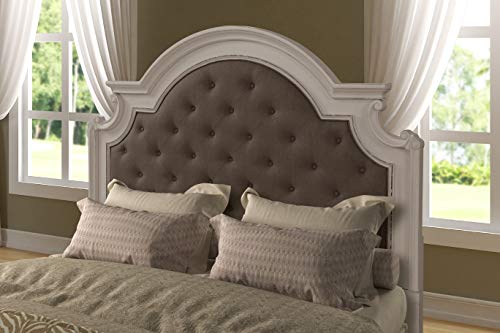 Roundhill Furniture Laval Wood Bedroom Set, Upholstered Queen Bed, Dresser, Mirror, One Nightstand, Chest, Antique White And Oak #TOP3