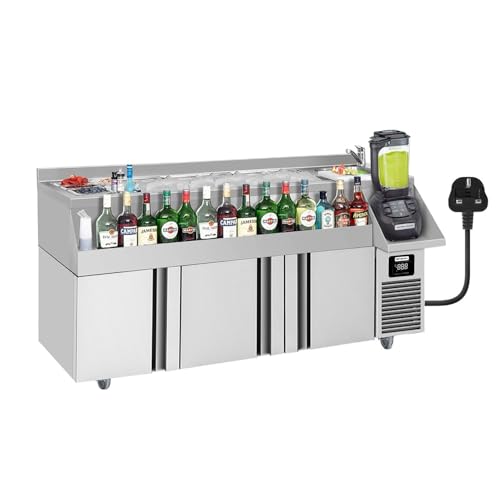 GGM Gastro BGKF235-UK - Mesa refrigeradora para bar y bebidas (1600 x 600 mm, 235 litros, con 3 puertas, estantes y ruedas)