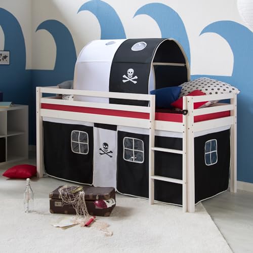 Homestyle4u Lit mezzanine, pour enfant, motif pirate, blanc, noir, 90 x 200 cm, en bois, avec échelle, tunnel et sommier à lattes