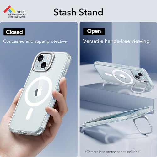 Image of ESR for iPhone 15 Plus Case, Compatible with MagSafe, Military-Grade Protective Case, Built-in Stash Stand Phone Case, Scratch-Resistant Back Cover, Classic Series, Clear Blue