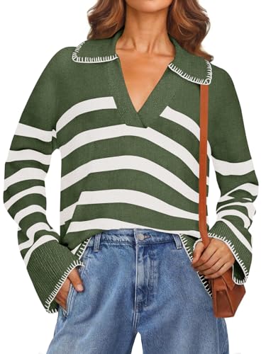 MEROKEETY Women's 2024 Fall Oversized Striped Sweater Collared V Neck Long Sleeve Trendy Knit Pullover Tops