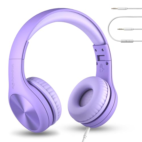 LilGadgets Connect+ Pro Wired Kids Headphones for School with Microphone, Volume Limiting & Noise Reduction Over-Ear Headset with Cord, SharePort Technology & SoftTouch Padding, Purple