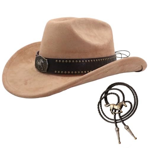 LIDHAY Western Cowboy Hat for Men Women,Classic Cowgirl Hats Cattleman Suede Cowboys Hats with Horse Bolo Tie YZDJP126 Camel