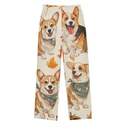 Corgi Dog and Maple Leaves Boys Long Pants Soft Trousers Elastic Waist Kids Lounge Bottoms with Pockets S-XL