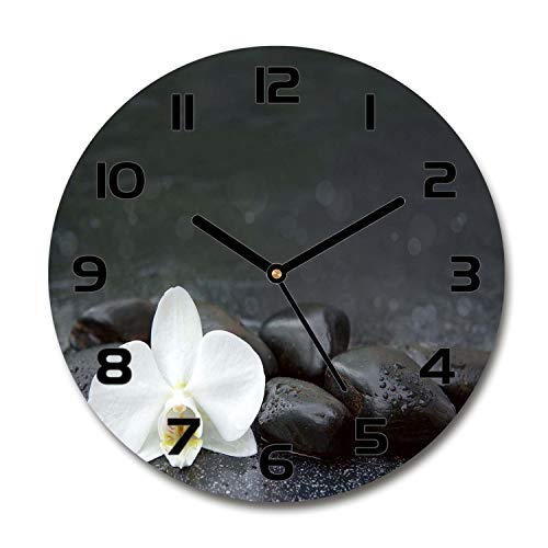 Tulup Horloge en Verre Rond 30cm - Silencieuse sur Pied Salon Design La Mur Impression Verre Sécurité - Aiguilles d'horloge Noires - Orchidée