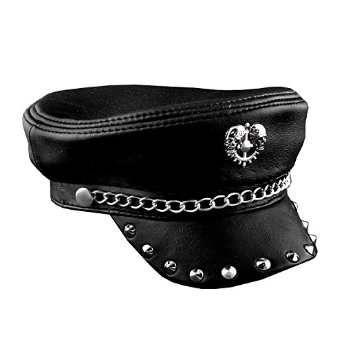 vogueteen New! MÃ©tal Rivet cloutÃ© crÃ¢ne Hommes en Cuir vÃ©ritable Biker Punk Rocker Cap (55cm-56cm) Black