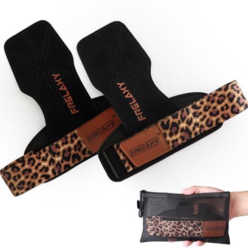 Frelaxy Lifting Wrist Straps Women and Men, Weight Lifting Grips with Cushion Wrist Loop, Double Layer Leather and Storage Pouch, Gym Workout Straps for Deadlift and Powerlifting (Black/Leopard)