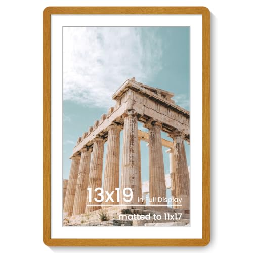 FLYJOE 13x19 Poster Frame | Solid Teak Wood 13x19 Picture Frame | 13 x 19 Picture Frame With Mat For 11x17 | Tempered Glass And Hanging Hardware Included | 13 by 19 Photo Frame, Teak, 1 Pack