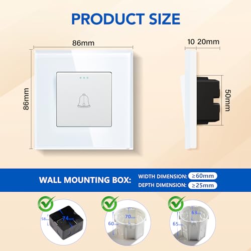 BSEED T&uuml;rklingel Druckschalter Kristallglas Panel Wandschalter 10A 250V T&uuml;rklingel Wei&szlig;