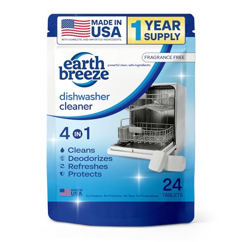 Earth Breeze Dishwasher Cleaner Tablets – 4-in-1 Cleans, Deodorizes, Refreshes & Protects – Removes Odor, Buildup & Residue – Fragrance Free, No Harsh Chemicals, Safe for All Dishwashers - Made in USA