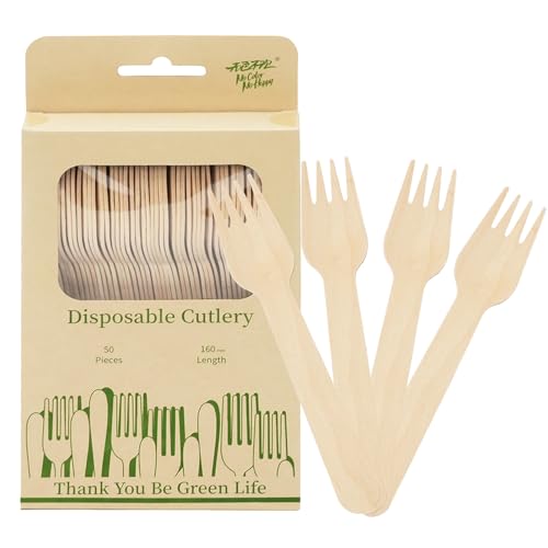 DTFMZOV 50 Pcs Disposable Wooden Forks, 6.3 Inch Wood Forks, Biodegradable Eco-friendly Compostable Fork Wooden Cutlery for Camping Picnics Dinner Party Supplies