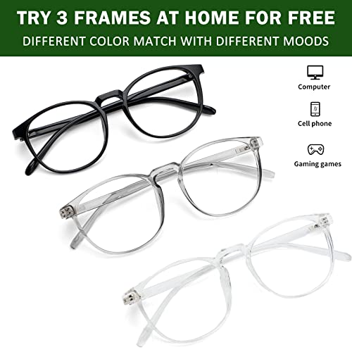 Image of Przene Round Blue Light Blocking Glasses for Women Men Black /Crystal /Grey | Filter Blue Ray,Computer Gaming Glasses,Anti Eye Strain,Anti Glare,UV Protection,3 Pack,Lightweight TR Frame,Watch TV,Phone