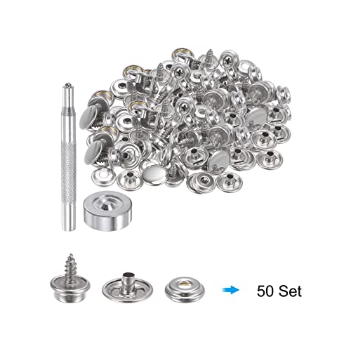 Harfington 150Pcs Canvas Snap Kit 5/8" Marine Grade Stainless Steel Snaps Screw Snap Button Fasteners Kit Snaps For Boat Cover Carpet Repairing With 2 Pcs Setting Tool, Silver Tone #TOP2