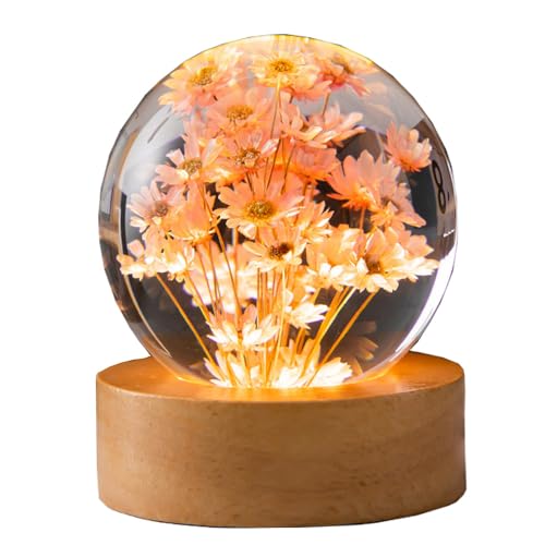 Preserved Red Daisy Crystal Ball Night Light,3D Crystal Ball with Led Wooden Base for Christmas Thanksgiving Birthday, Home Room Decor LED Night - USB Powered