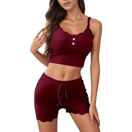 Generisch Pijama sexy para mujer, conjunto de pijama de punto de encaje y pantalones cortos, ropa de dormir de dos piezas, suave y cómoda, corte ajustado, ropa de estar