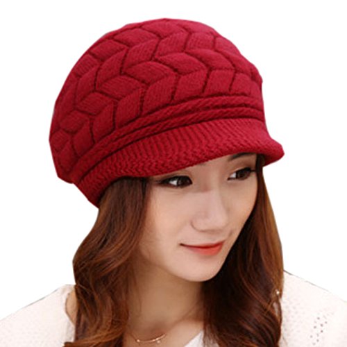 Elonglin Gorro feminino de inverno canelado, gorro de esqui, forrado, Wine Red, Tamanho �nica