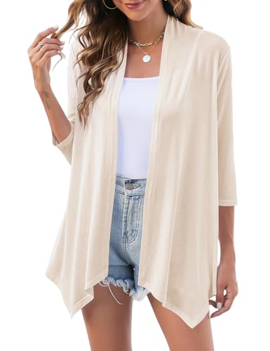 Uvog Women's 3/4 Sleeve Draped Open Front Cardigan Casual Loose Lightweight Cardigans, Beige, 3XL Uvog Women's 3/4 Sleeve Draped Open Front Cardigan Casual Loose Lightweight Cardigans, Beige, 3XL