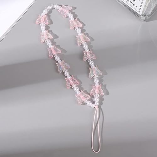 Fuqimanman2020 1-2 Pcs Natural Stone Cell Phone Lanyard Strap Charms- Handmade Colorful Beaded Butterfly Charms For Women Girl, Rainbow Keychain (Pink) #TOP4