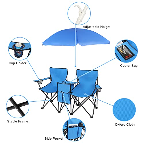 Vingli Double Folding Camping Chair With Cup Holder, 2 Seat Outdoor Chair W/Mini Table And Cooler, Portable Picnic Chair With Sun Shade Canopy Umbrella And Carrying Bag #TOP4