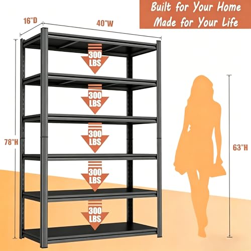 Image of 6-Tier Metal Bookshelf, 1800LBS Industrial Tall Display Bookcase, Modern Black Book Shelf, Adjustable Bolt-Free Storage Shelves for Living Room, Bedroom, Kitchen, 40 inch W x16 D x78 H