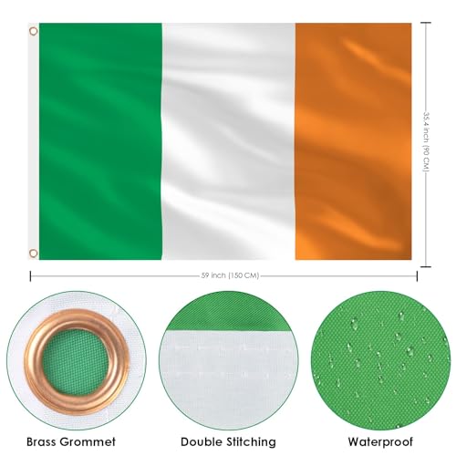 Image of AhfuLife Irish Flag 3x5 Ft, Large Ireland Flag for St Patrick's Day Decorations - Double Side with Brass Eyelets, Bar Garden Street Decoration Indoor Outdoor