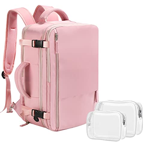 Large Travel Backpack for Women, Airline Approved Carry On Backpack Fit for 17.3'' Laptop, Waterproof Durable Outdoor Casual Daypack Personal Item Bag for College School Weekender Business Hiking,Pink