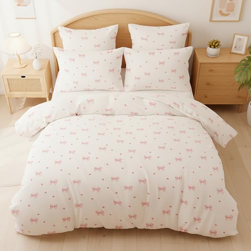 Image of Nayoroom Pink Bow Duvet Cover Full Size Coquette Pink Heart Duvet Cover 3 Pieces Soft Lightweight Microfiber Kids Girls Cute Aesthetic Dorm Bedding Set