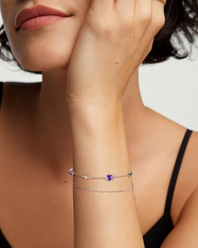 Birthstone Cross Bracelet for Women, S925 Sterling Silver Heart Bracelet with 5A Cubic Zirconia, Dainty Link Charm Double Layer Jewelry Birthday Gift for Her3
