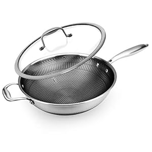 NutriChef 12″ Stainless Steel Wok – Induction ready, Non Stick Tri-ply technology, Scratch-resistant Honeycomb Fire Textured Pattern