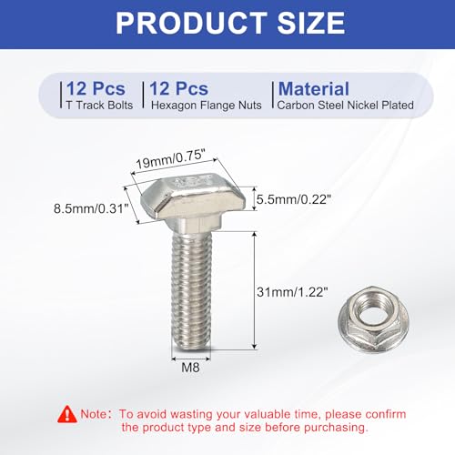 Image of PATIKIL M8 x 33 mm T-Slot Bolts, 12 Sets Drop-in Bolt Hammer Head with Hexagon Flange Nuts T-Bolt Stud Sliding Screw for 45 Series Aluminum Extrusion Profile, Silver