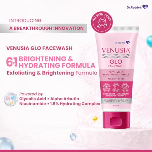 Image of Dr. Reddy's Venusia Glo Facewash | Exfoliating & Brightening Formula | Reduces Dark Spots & Gives Instant Glow from 1st wash | Enriched with Glycolic Acid, Alpha Arbutin, Niacinamide, Vitamin E, Ceramides - Oats - HA complex | All Skin Type | 100g