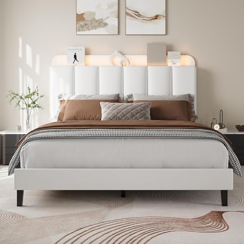 BarnFurin Queen Bed Frame with LED Lights and Storage Shelf, Morden Bed Frame with Upholstered Headboard, Noise-Free, No Box Spring Needed, Easy Assembly, White