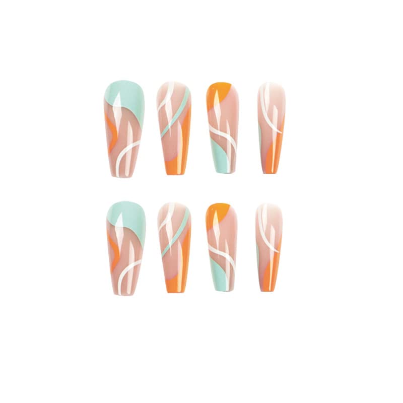 Miniatura 4 de 24 uñas postizas a presión con forma cuadrada de ataúd, de longitud larga, color rosa nude, con diseño francés de remolinos naranja, verde, uñas