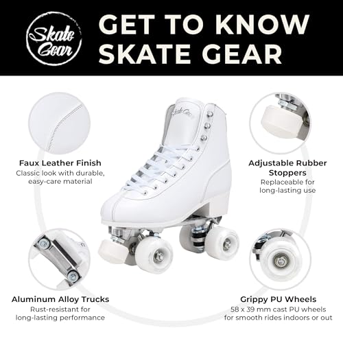 Skate Gear Retro Quad Roller Skates with Structured Boot (White, Women's 6 / Youth 5 / Men's 5)