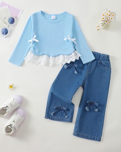 Image of Kucnuzki Toddler Baby Girl Clothes Long sleeve Fall Winter Shirt Tops Baggy Jeans Pants Set Kids Girls Outfits 2 Piece