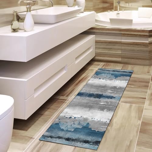Alfombra lavable pasillo y dormitorio gris azul con base antideslizante 4
