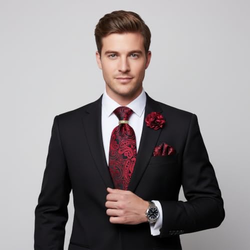 Image of 5PCS Tie and Pocket Square for Men, Silk Necktie and Handkerchief Cufflinks with Gold Ring and Lapel Pin Set