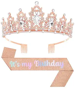 Birthday Tiara and Crown with Sash, Birthday Tiara for Women Party (Rose)