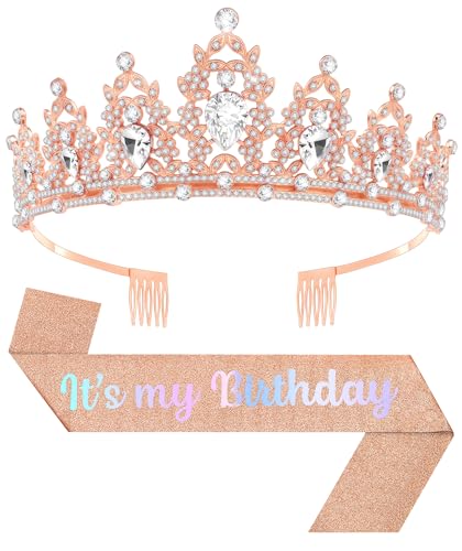 Birthday Tiara and Crown with Sash, Birthday Tiara for Women Party (Rose)
